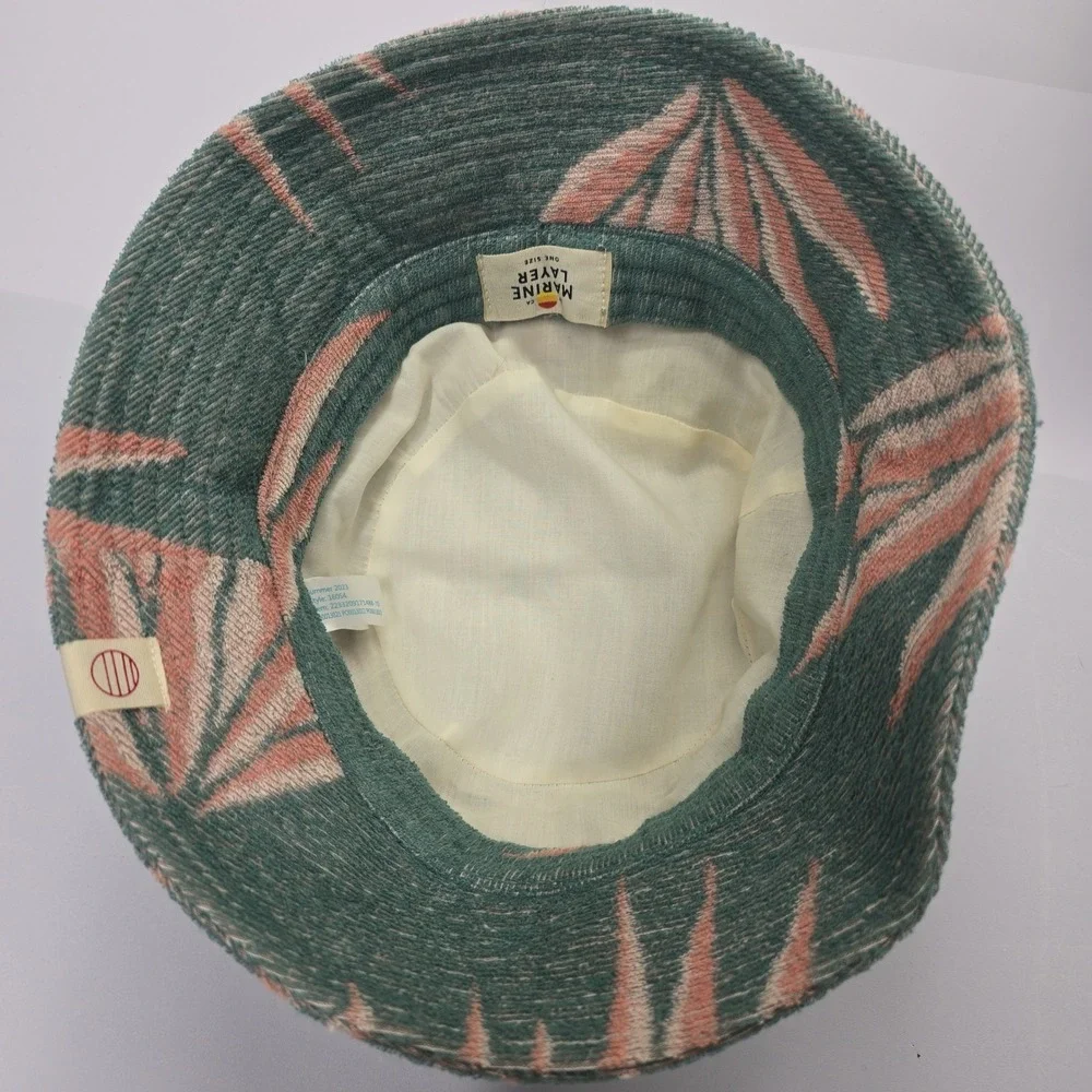 Marine Layer Terry Cloth Bucket Hat‎ Teal Pink Tropical Palm Leaf Summer Sun Hat